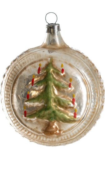 Ornaments with church (blue roof) and tree