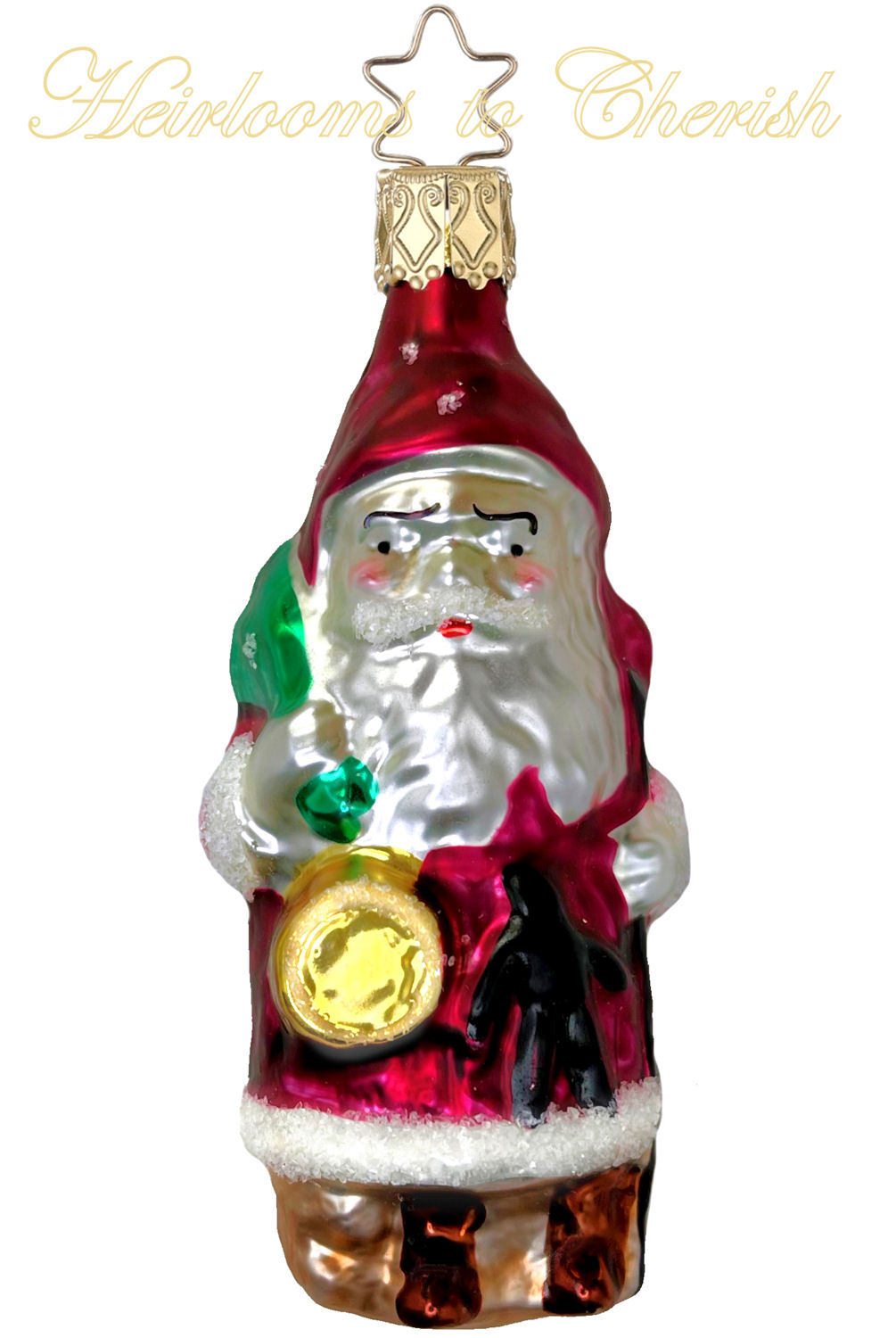 Inge Glas OWC 4136 Roly-Poly Santa with Wreath German Glass Christmas Ornament 